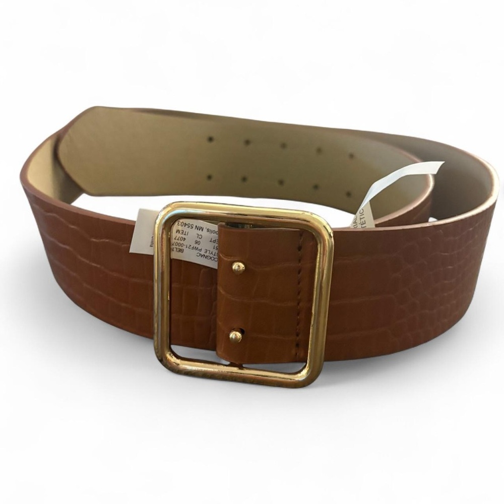 Women’s Wide Brown Faux Leather Belt with Crocodile Embossing and Gold Buckle